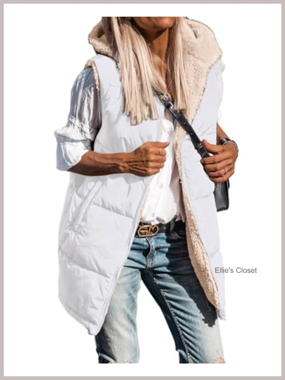 Long Puffer Vest Womens Reversible Sherpa Fleece Hooded Zip Up Winter Outerwear